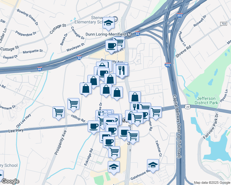 map of restaurants, bars, coffee shops, grocery stores, and more near 2814 Juniper Street in Fairfax