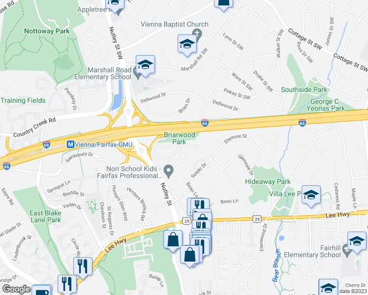 map of restaurants, bars, coffee shops, grocery stores, and more near 2885 Swanee Lane in Fairfax