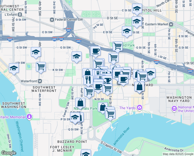 map of restaurants, bars, coffee shops, grocery stores, and more near 37 L Street Southeast in Washington