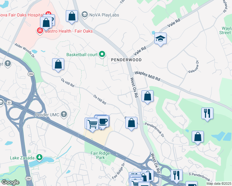 map of restaurants, bars, coffee shops, grocery stores, and more near 3766 Penderwood Drive in Fairfax