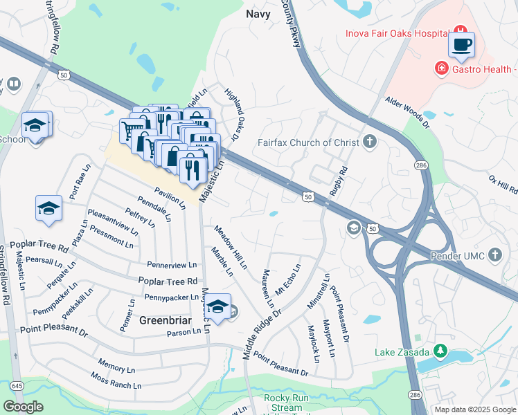 map of restaurants, bars, coffee shops, grocery stores, and more near 12929 Grays Pointe Road in Fairfax