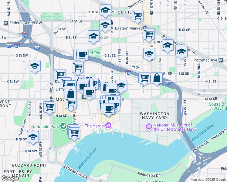map of restaurants, bars, coffee shops, grocery stores, and more near 403 L Street Southeast in Washington