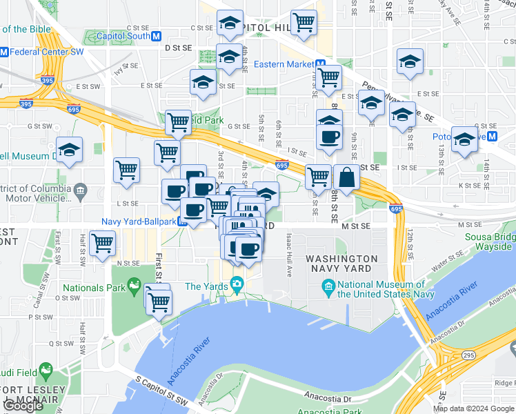 map of restaurants, bars, coffee shops, grocery stores, and more near 423 L Street Southeast in Washington