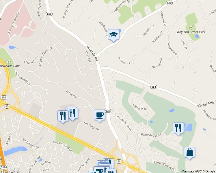 map of restaurants, bars, coffee shops, grocery stores, and more near 12128 Wedgeway Place in Fairfax