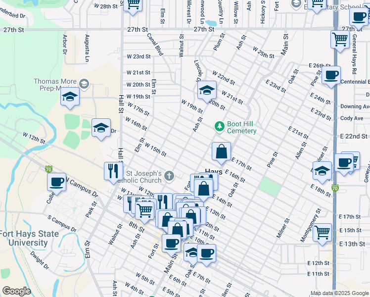 map of restaurants, bars, coffee shops, grocery stores, and more near 298 W 16th St in Hays