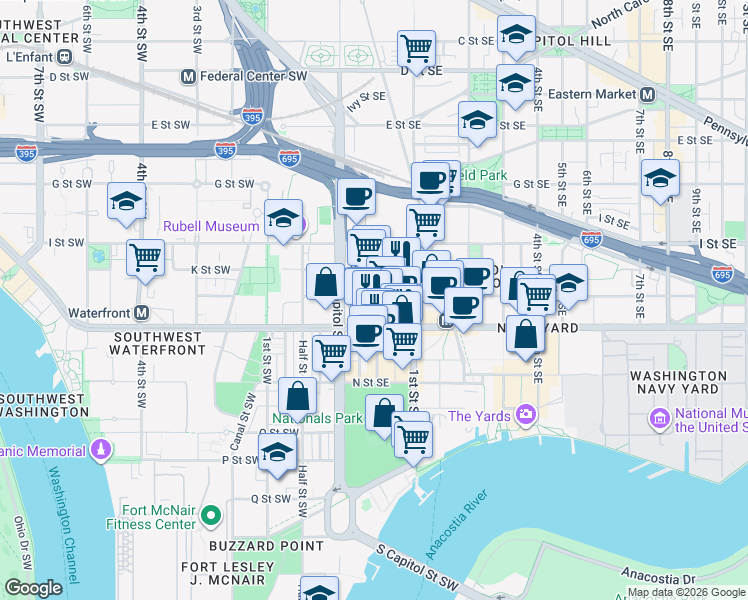map of restaurants, bars, coffee shops, grocery stores, and more near 37 L Street Southeast in Washington