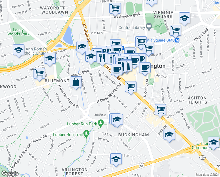 map of restaurants, bars, coffee shops, grocery stores, and more near 601 North Vermont Street in Arlington