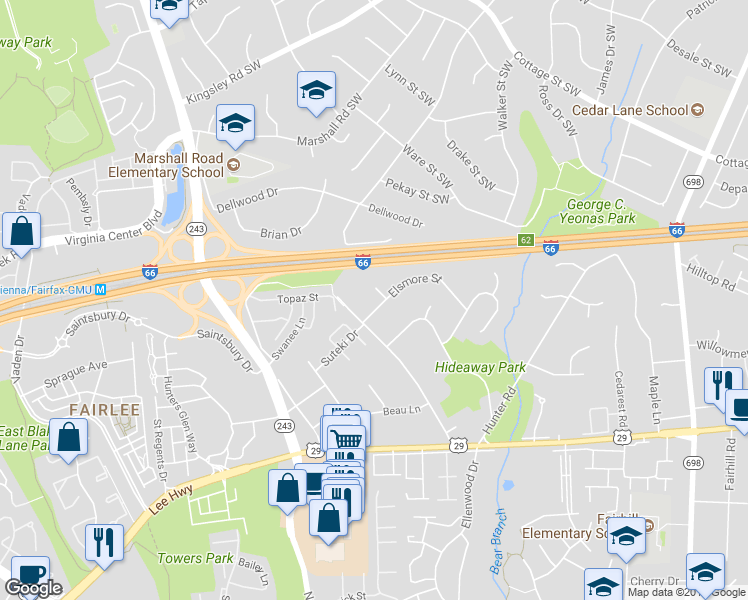 map of restaurants, bars, coffee shops, grocery stores, and more near 2705 Elsmore Street in Fairfax