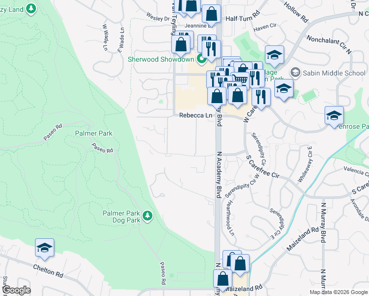 map of restaurants, bars, coffee shops, grocery stores, and more near 3692 Parkmoor Village Drive in Colorado Springs