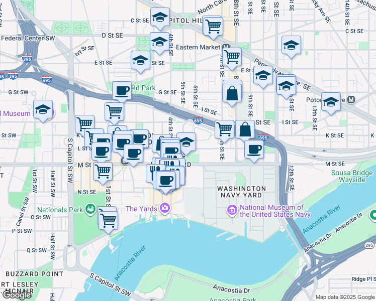 map of restaurants, bars, coffee shops, grocery stores, and more near 101 Independence Avenue Southeast in Washington