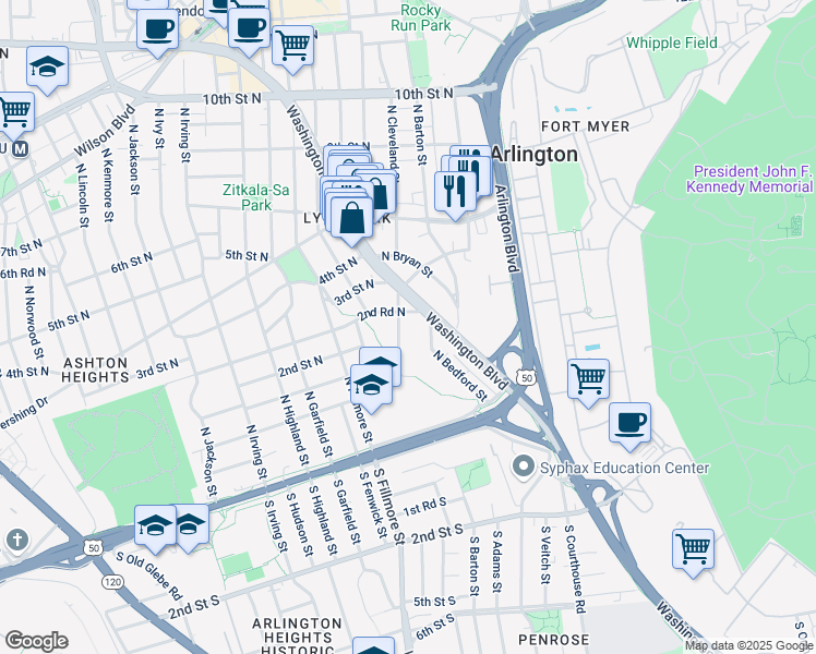 map of restaurants, bars, coffee shops, grocery stores, and more near 217 North Cleveland Street in Arlington