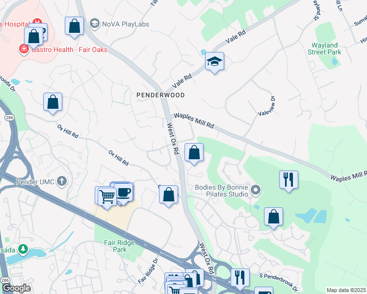 map of restaurants, bars, coffee shops, grocery stores, and more near 12128 Wedgeway Place in Fairfax