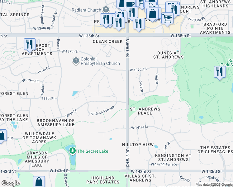 map of restaurants, bars, coffee shops, grocery stores, and more near 13837 Bentley Street in Overland Park