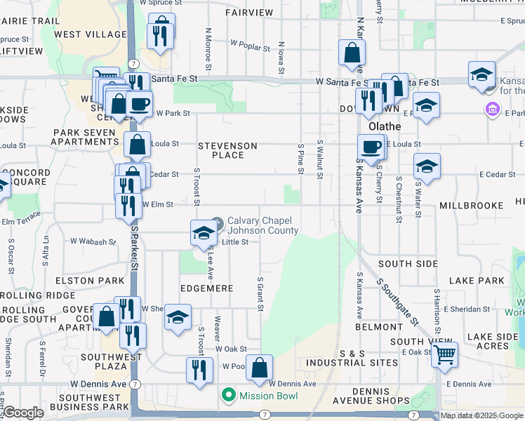 map of restaurants, bars, coffee shops, grocery stores, and more near 409 South Grant Street in Olathe