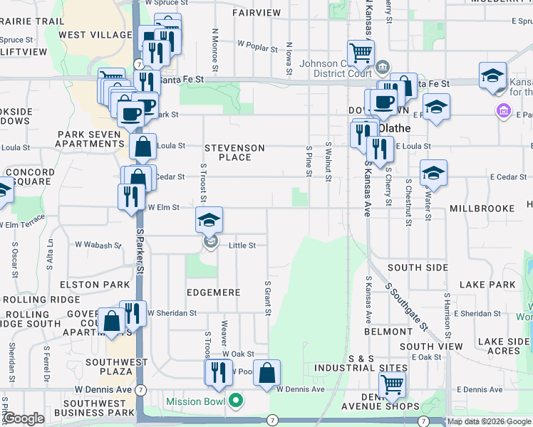map of restaurants, bars, coffee shops, grocery stores, and more near 409 South Grant Street in Olathe