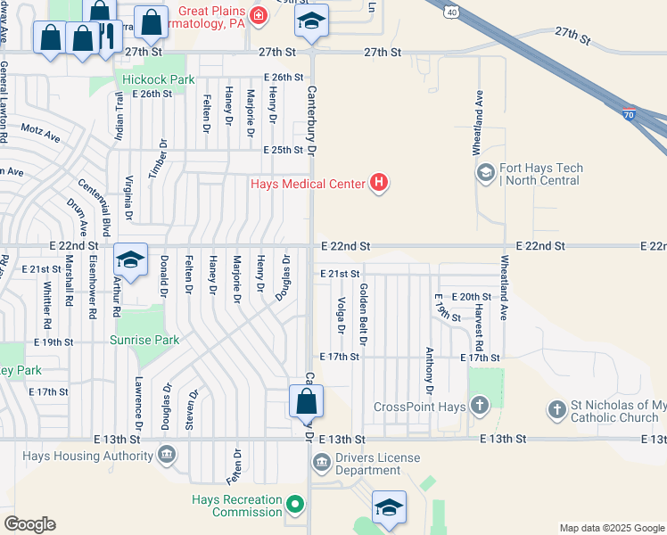 map of restaurants, bars, coffee shops, grocery stores, and more near 2002 East 21st Street in Hays