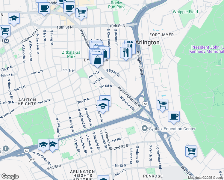 map of restaurants, bars, coffee shops, grocery stores, and more near 217 North Cleveland Street in Arlington