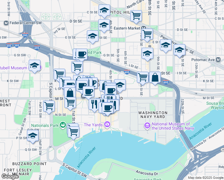 map of restaurants, bars, coffee shops, grocery stores, and more near 401 L Street Southeast in Washington