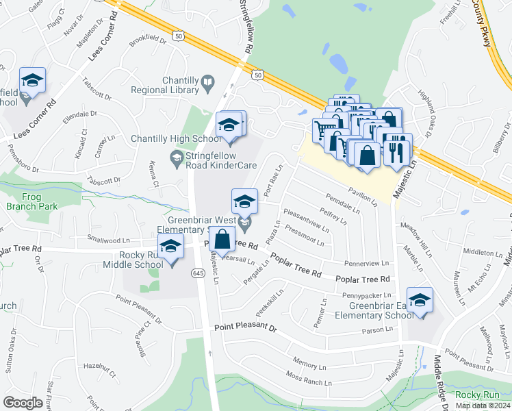map of restaurants, bars, coffee shops, grocery stores, and more near 4144 Point Hollow Lane in Fairfax