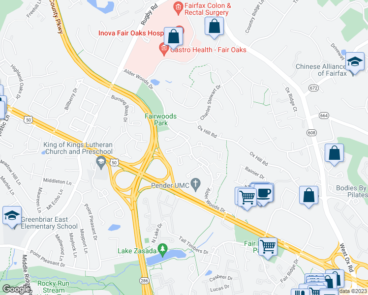 map of restaurants, bars, coffee shops, grocery stores, and more near 3851 Waythorn Place in Fairfax