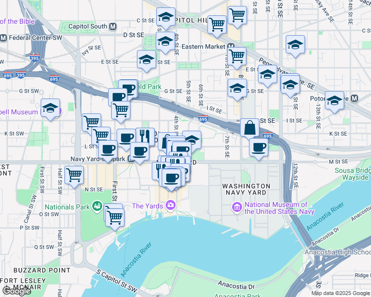 map of restaurants, bars, coffee shops, grocery stores, and more near 421 L Street Southeast in Washington