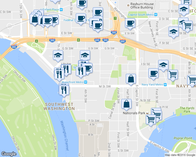 map of restaurants, bars, coffee shops, grocery stores, and more near 1101 3rd Street Southwest in Washington