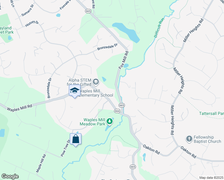 map of restaurants, bars, coffee shops, grocery stores, and more near 3400 Fox Mill Road in Oakton
