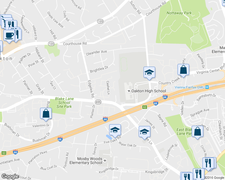 map of restaurants, bars, coffee shops, grocery stores, and more near 2948 Waterford Court in Vienna