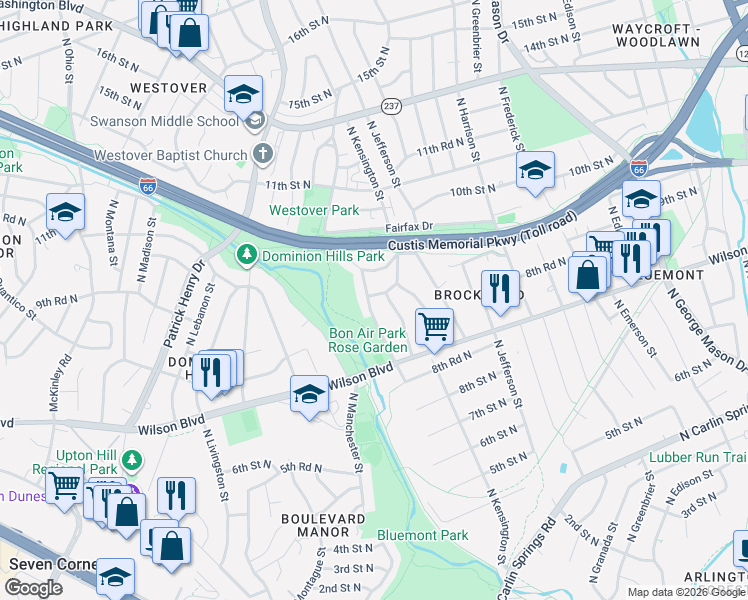 map of restaurants, bars, coffee shops, grocery stores, and more near 5724 9th Street North in Arlington