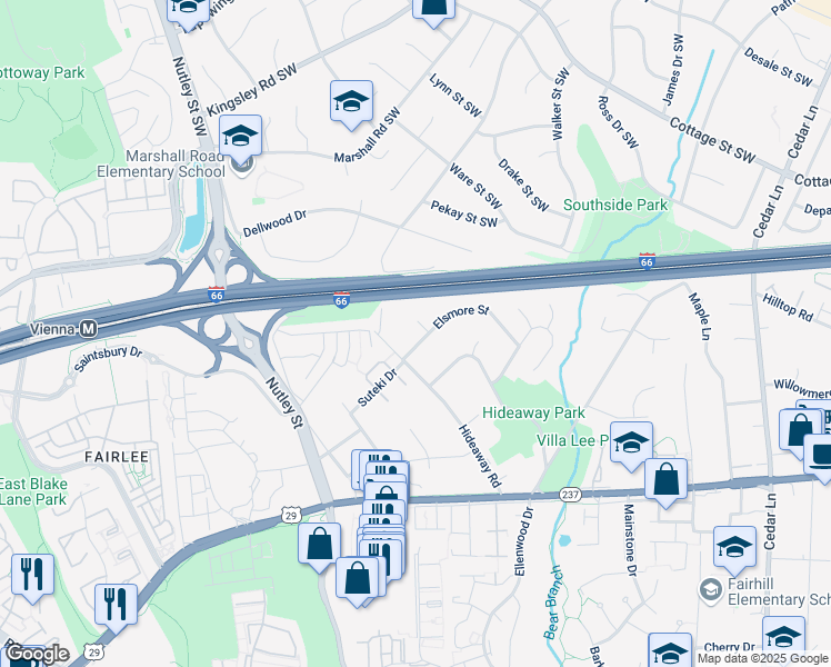 map of restaurants, bars, coffee shops, grocery stores, and more near 2705 Elsmore Street in Fairfax