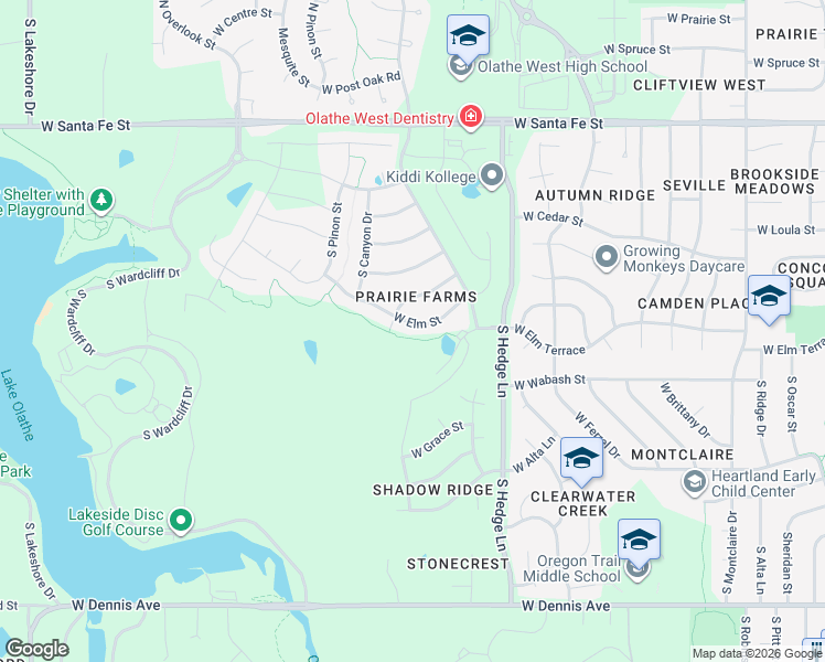 map of restaurants, bars, coffee shops, grocery stores, and more near 2307 West Elm Street in Olathe