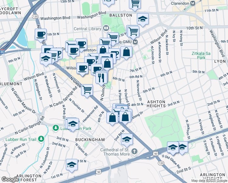 map of restaurants, bars, coffee shops, grocery stores, and more near 525 North Pollard Street in Arlington