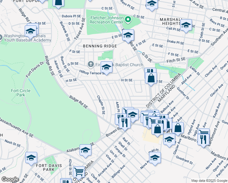 map of restaurants, bars, coffee shops, grocery stores, and more near 1136 44th Place Southeast in Washington