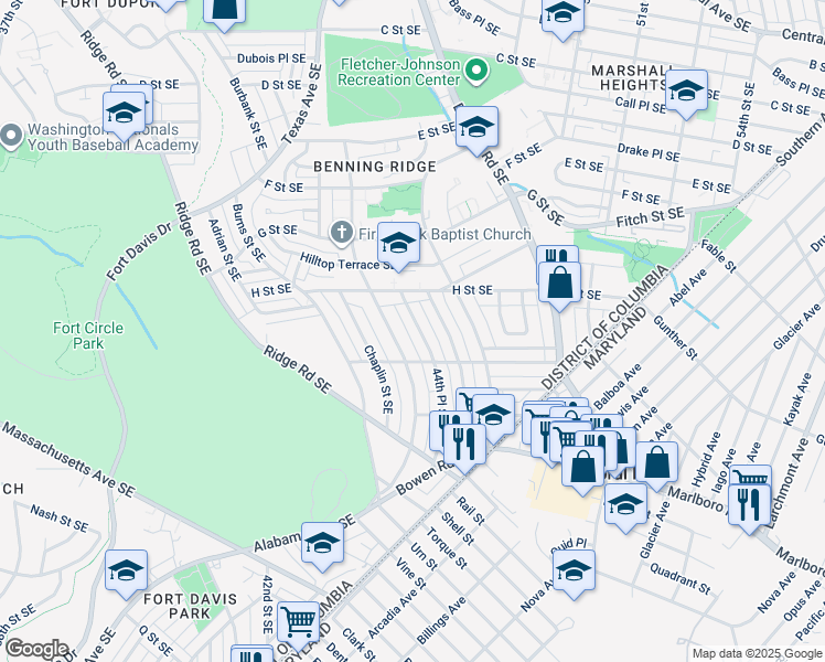 map of restaurants, bars, coffee shops, grocery stores, and more near 1127 44th Place Southeast in Washington