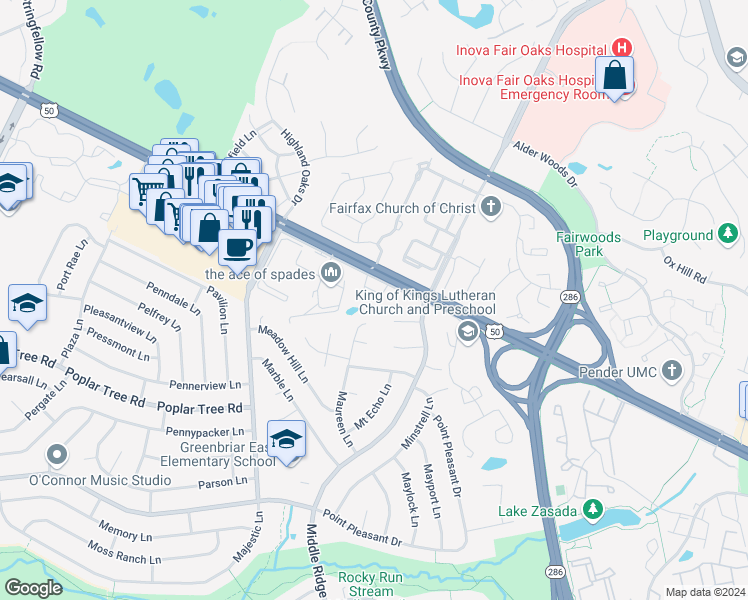 map of restaurants, bars, coffee shops, grocery stores, and more near 4077 Britwell Place in Fairfax