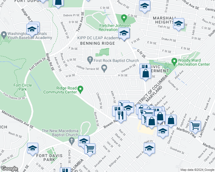 map of restaurants, bars, coffee shops, grocery stores, and more near 1127 44th Place Southeast in Washington