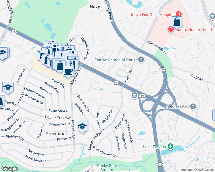 map of restaurants, bars, coffee shops, grocery stores, and more near 4077 Britwell Place in Fairfax