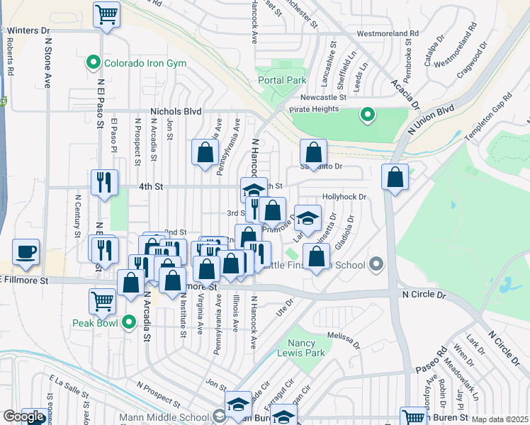 map of restaurants, bars, coffee shops, grocery stores, and more near 3125 North Hancock Avenue in Colorado Springs
