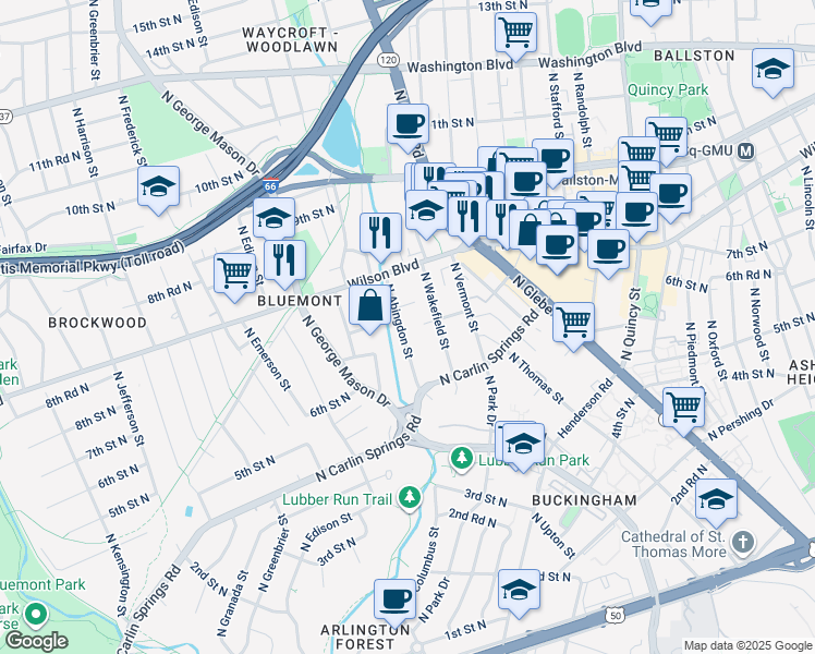 map of restaurants, bars, coffee shops, grocery stores, and more near 703 North Abingdon Street in Arlington