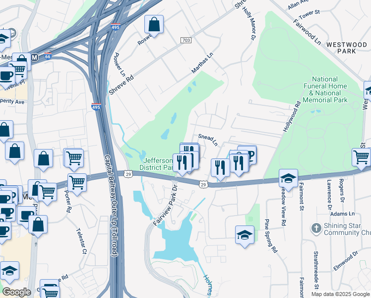 map of restaurants, bars, coffee shops, grocery stores, and more near 2790 Hyson Lane in Falls Church