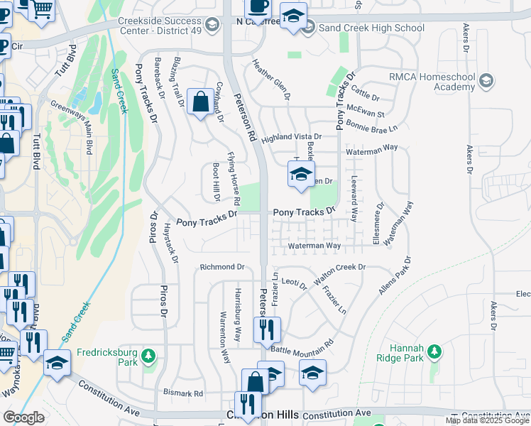 map of restaurants, bars, coffee shops, grocery stores, and more near Pony Tracks Dr & Peterson Rd in Colorado Springs