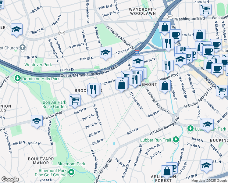 map of restaurants, bars, coffee shops, grocery stores, and more near 837 North Greenbrier Street in Arlington