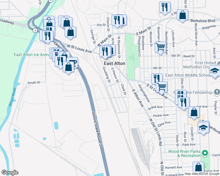 map of restaurants, bars, coffee shops, grocery stores, and more near 144 Victory Drive in East Alton