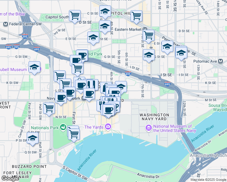 map of restaurants, bars, coffee shops, grocery stores, and more near 101 Independence Avenue Southeast in Washington