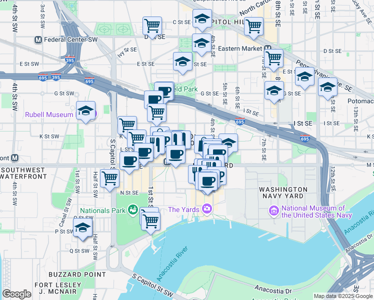 map of restaurants, bars, coffee shops, grocery stores, and more near 101 Independence Avenue Southeast in Washington