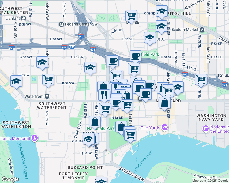 map of restaurants, bars, coffee shops, grocery stores, and more near 101 Independence Avenue Southeast in Washington
