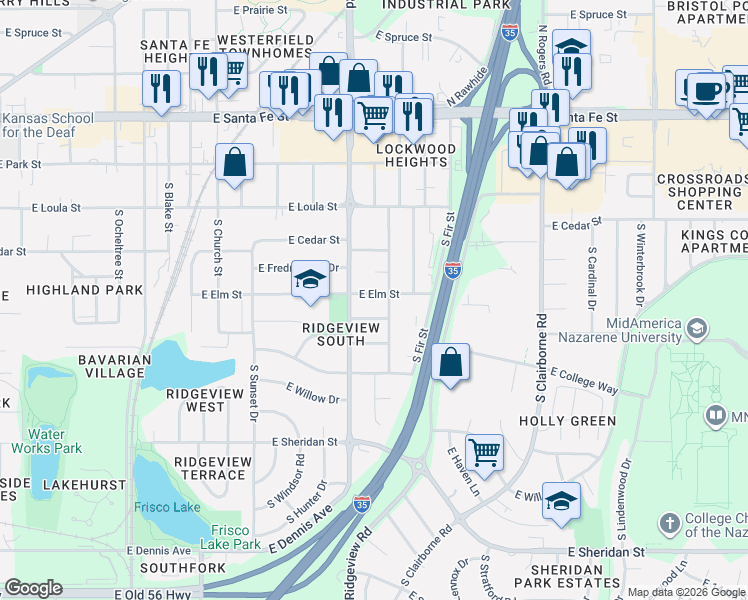 map of restaurants, bars, coffee shops, grocery stores, and more near 412 South Central Street in Olathe