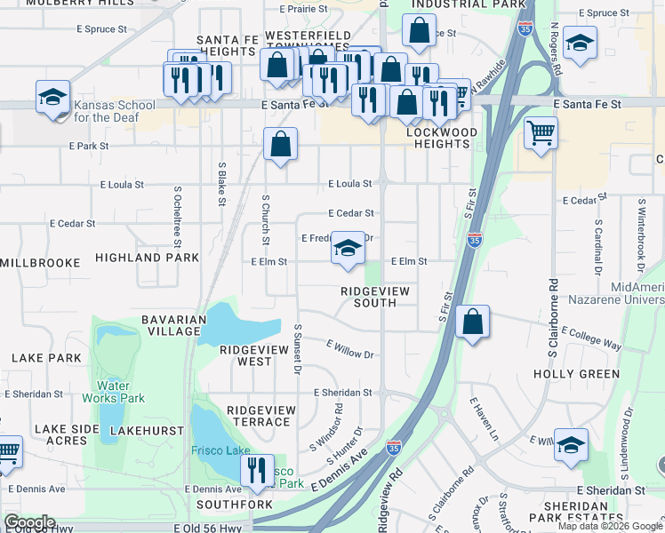 map of restaurants, bars, coffee shops, grocery stores, and more near 1020 East Lakeview Avenue in Olathe