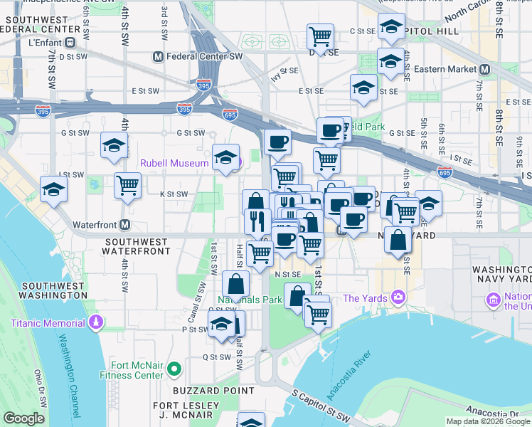 map of restaurants, bars, coffee shops, grocery stores, and more near South Capitol Street Southeast in Washington