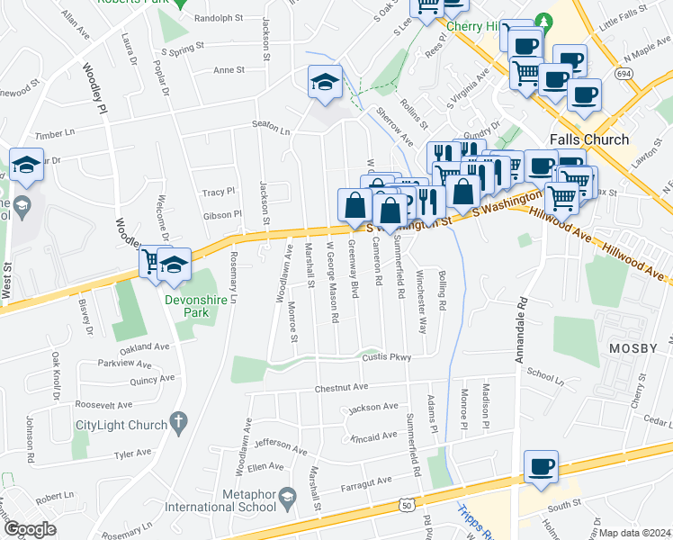 map of restaurants, bars, coffee shops, grocery stores, and more near 2805 West George Mason Road in Falls Church